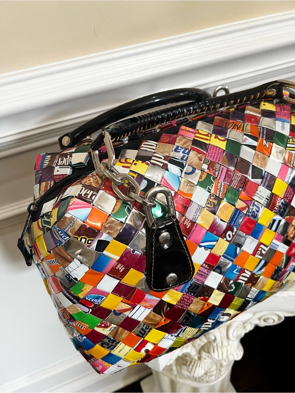 Recycled, Patchwork Hand Woven Candy Wrappers Structured Large Satchel. - Picture 3 of 17